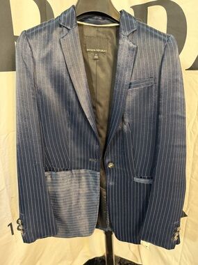 Banana Republic Women's Blazer Navy Blue Size 0 Satin Pinstripe Boyfriend Jacket